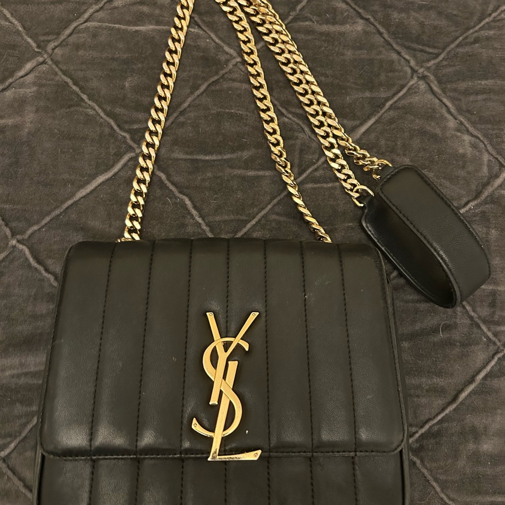 Yves Saint Laurent Black Leather Shoulder Bag with Gold Chain